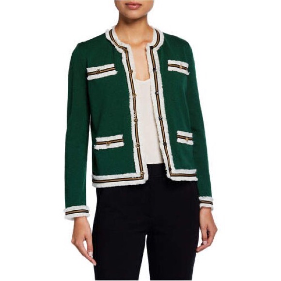 Tory Burch Kendra Fringe Merino Wool Cardigan - Green Tweed Jacket